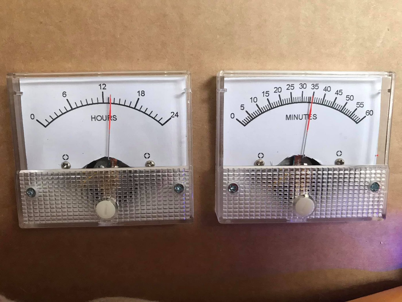 Figure 2 — 2 — Two analog panel meters re-faced for clock use — one lettered 0–24 HOURS, one 0–60 MINUTES — the owner's own "So Analog" two-meter parts, exactly the cheap-meter starting point this se…