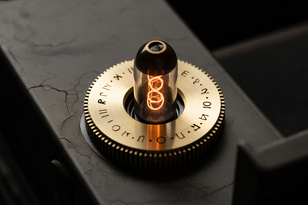 Figure 3 — 7 — A detail study of the rotor/drum and alphabet-ring motif applied to a single nixie-tube bezel — a machined brass mount engraved with an Enigma-rotor alphabet ring. Generated with Ideog…