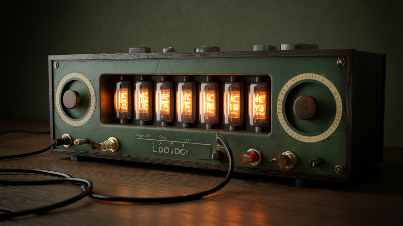Figure 2 — 6 — A concept arrangement for the Covert Bombe: a row of nixie tubes seated where the Bombe's indicator drums would sit, flanked by mock drum-rings on a dark crackle-finish panel with peri…